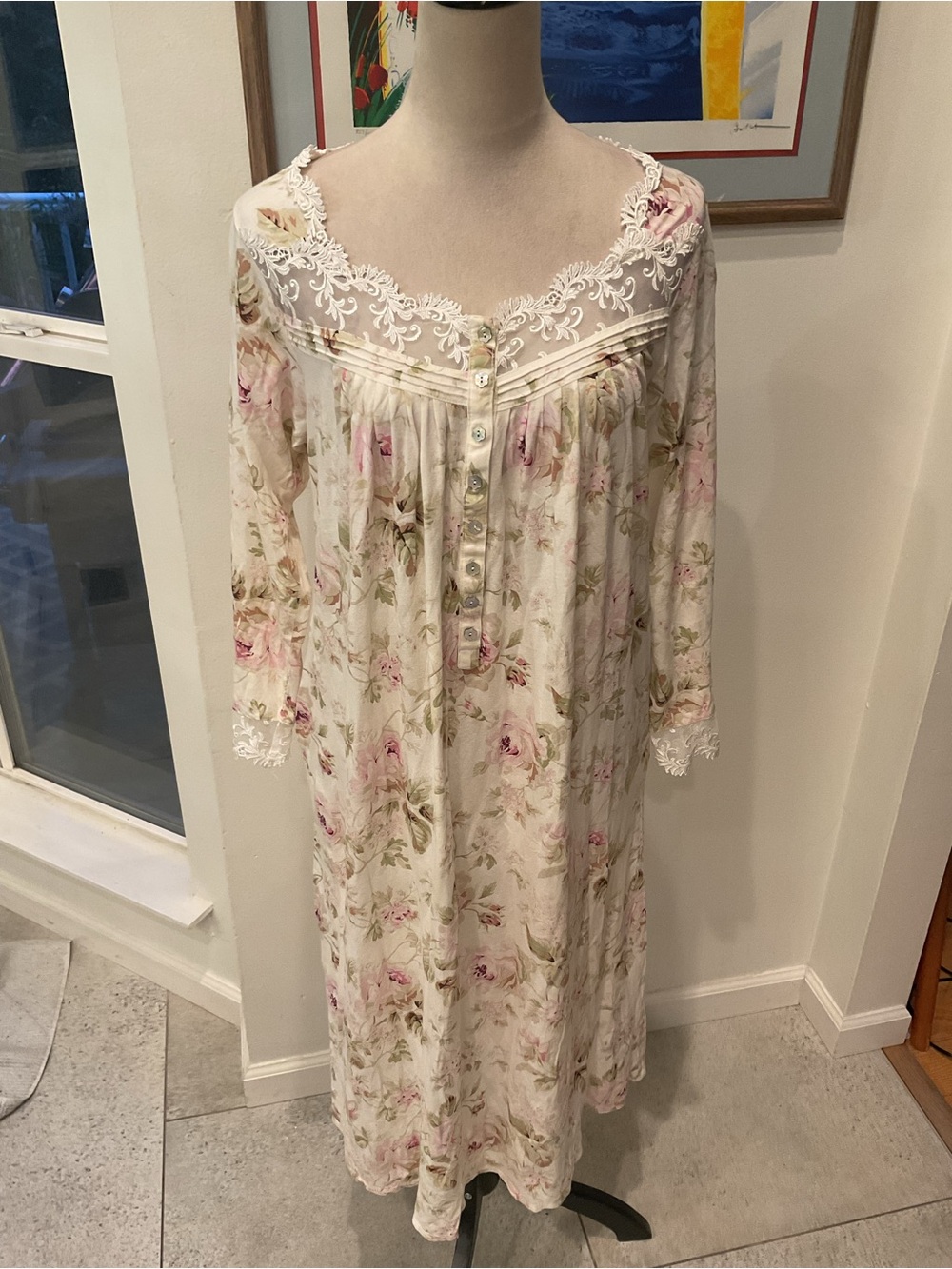 Eileen West Cotton Floral Lace-Trim Nightgown with Pink Roses